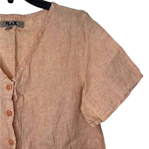 Flax Peach Short Sleeve 100% Linen Lagenlook Button Front Shirt Petite - Picture 5 of 9